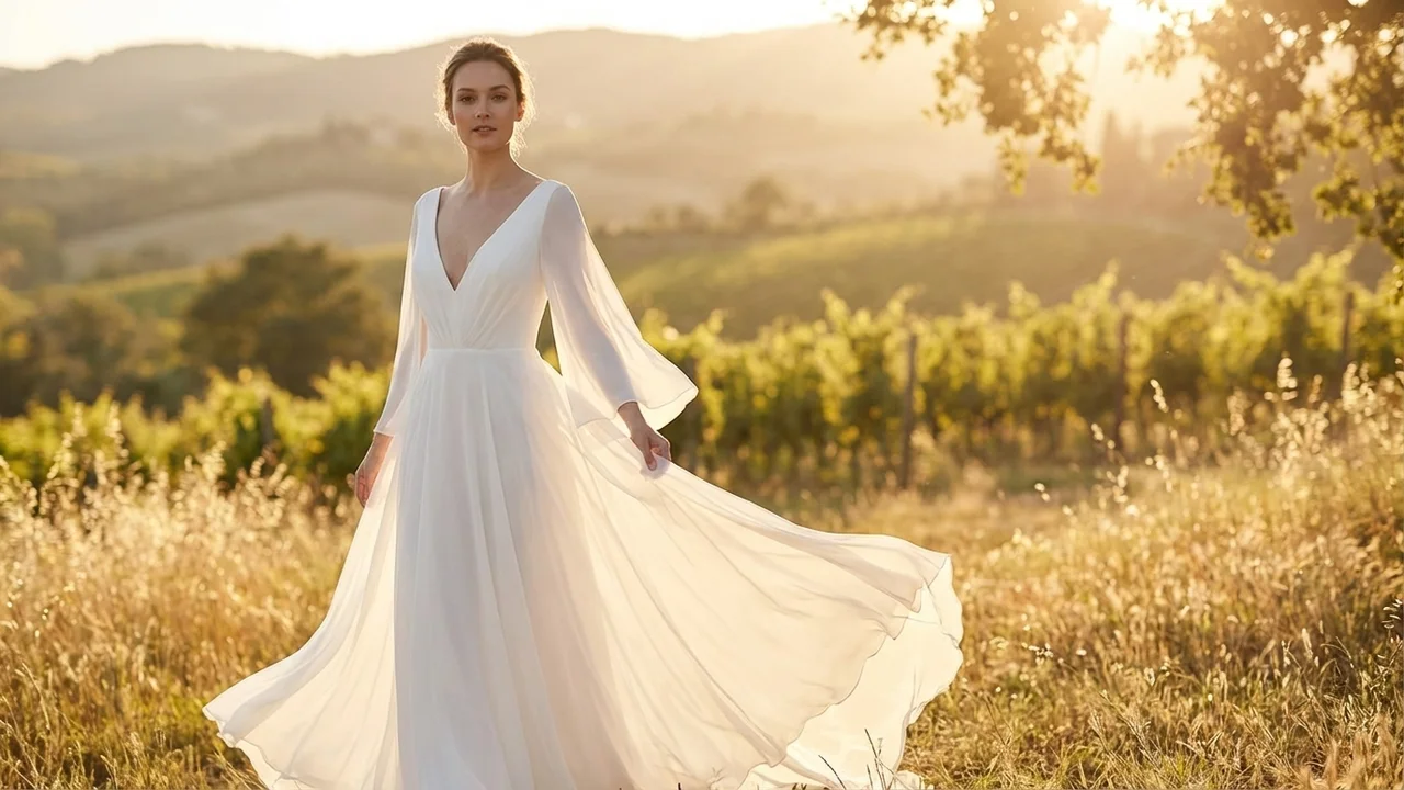 Celeste Bell Sleeve Chiffon Wedding Dress - 6