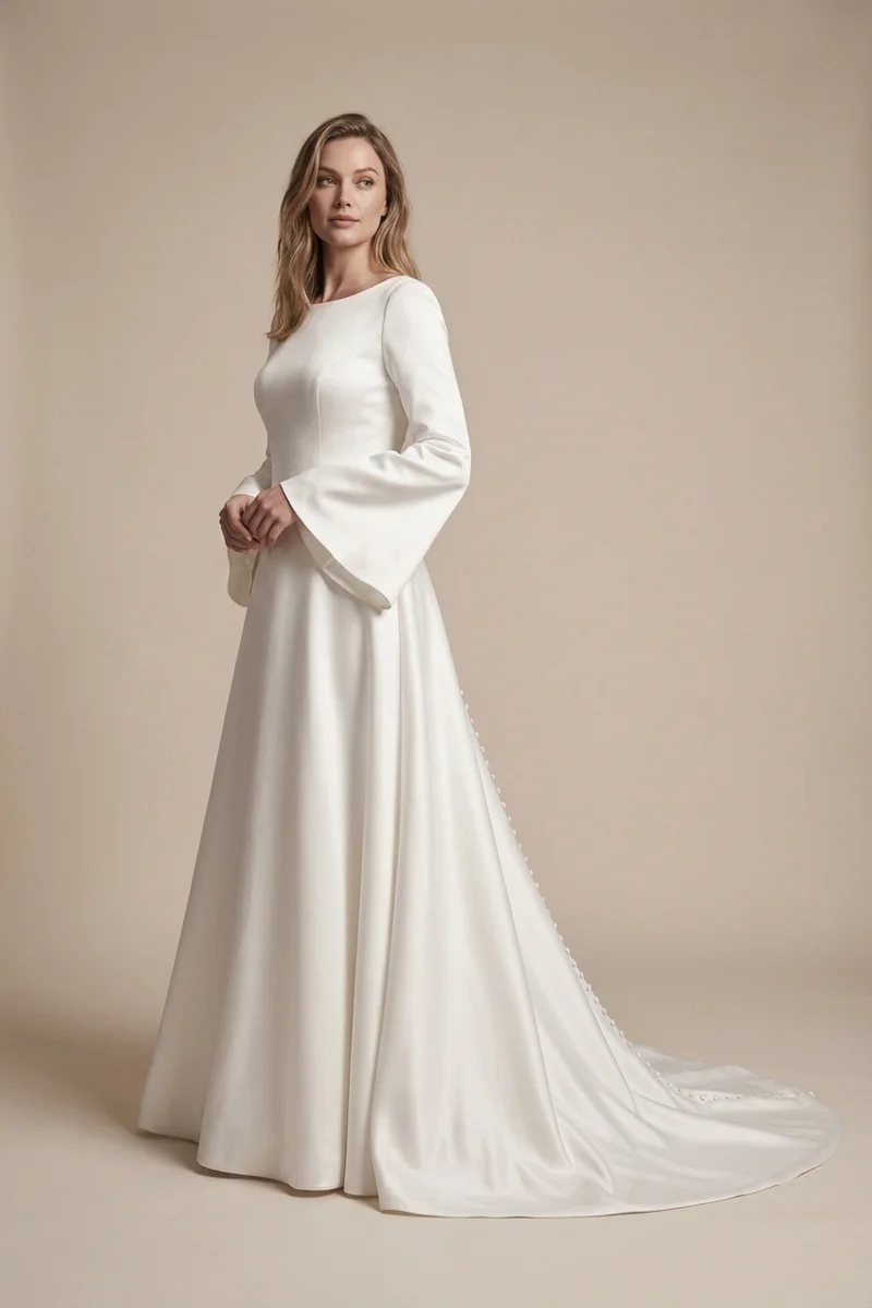 Wren Trompetenärmel-Satin-Brautkleid mit Knopfleiste - 1