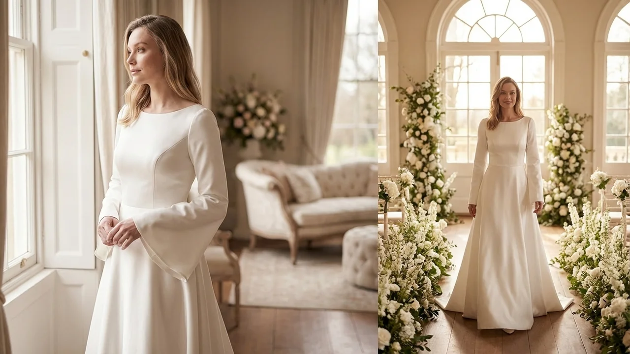 Robe de Mariée Wren en Satin à Manches Évasées et Dos Boutonné - 5