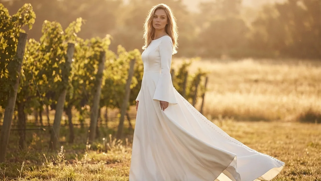 Robe de Mariée Wren en Satin à Manches Évasées et Dos Boutonné - 6