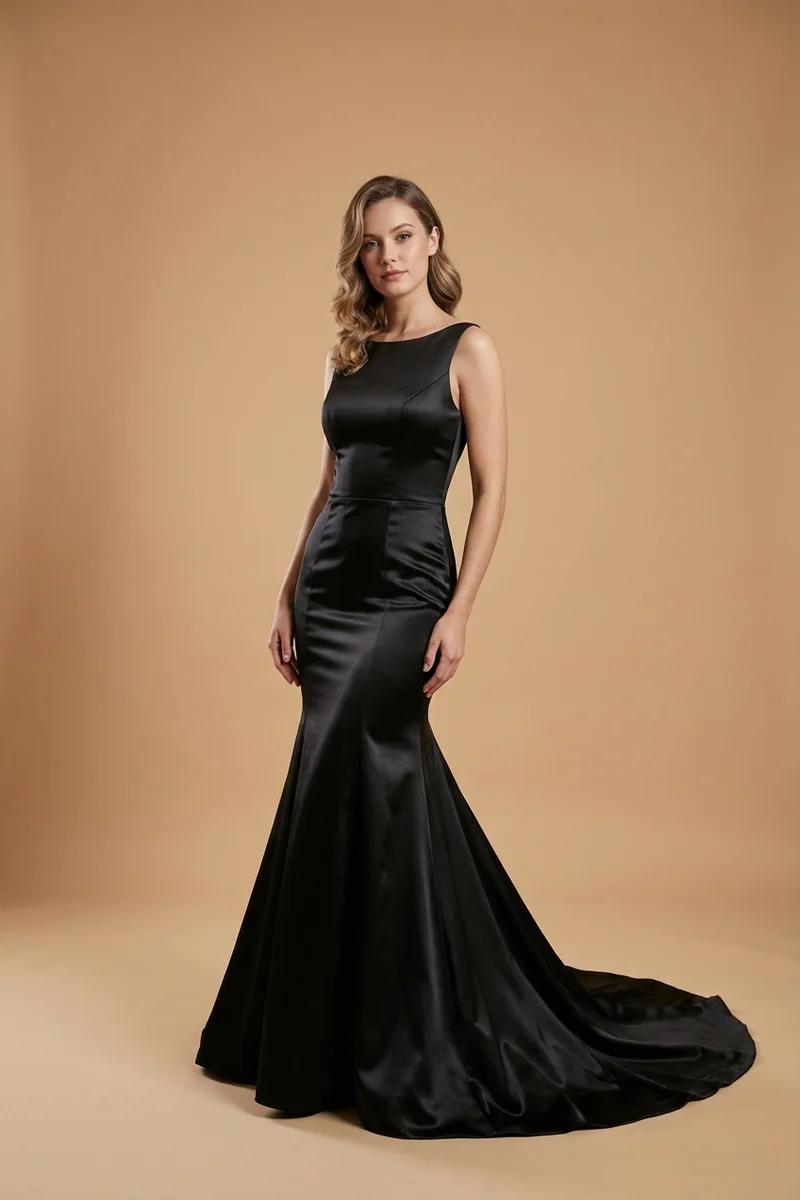 Robe de Mariée Noire Sirène en Satin avec Traîne - 1