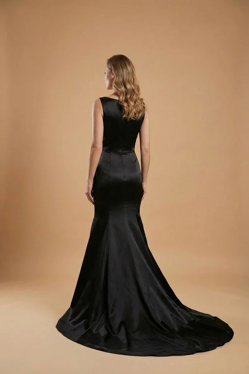 Black Satin Mermaid Wedding Dress with Train - 2