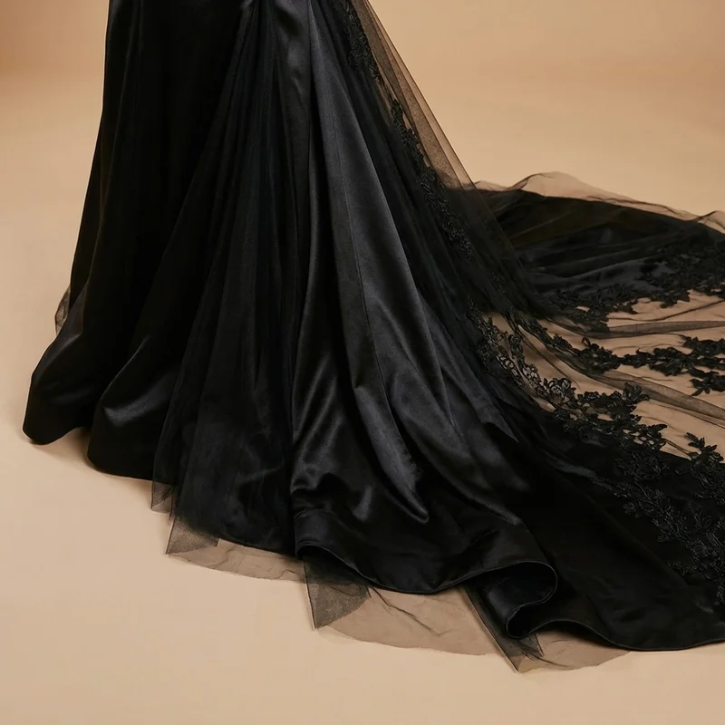 Black Satin Mermaid Wedding Dress with Train - 4
