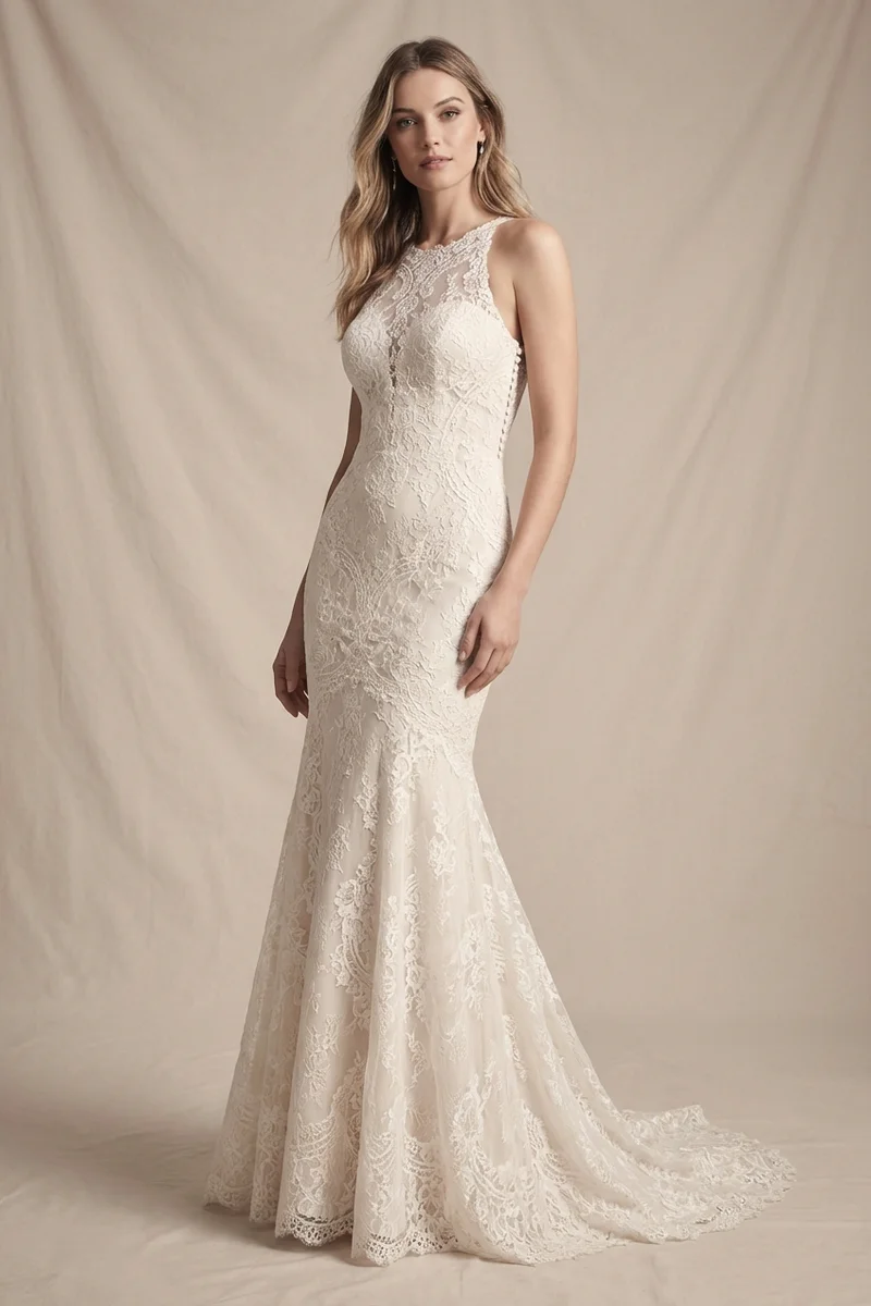 Figurbetontes Spitzen-Brautkleid mit Knopfleiste - 1