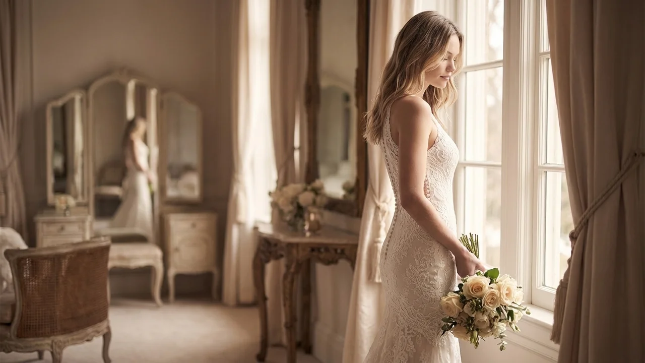 Figurbetontes Spitzen-Brautkleid mit Knopfleiste - 5