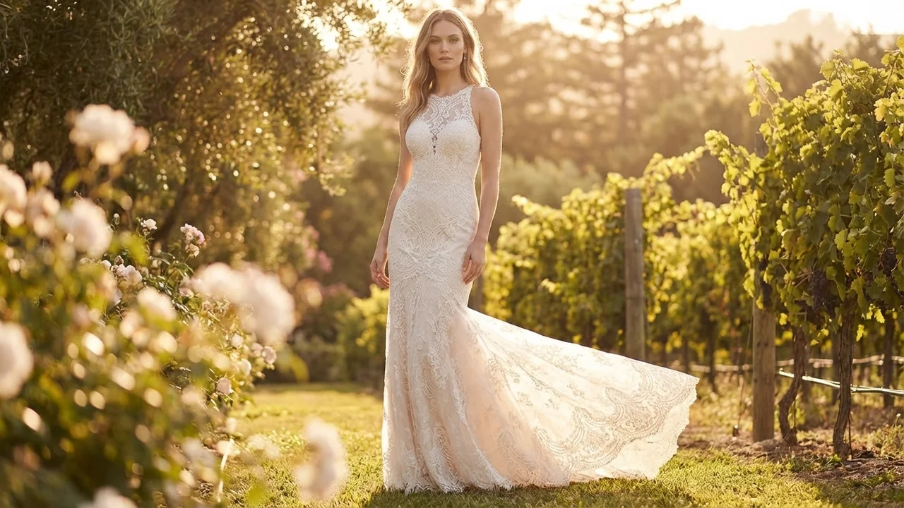 Figurbetontes Spitzen-Brautkleid mit Knopfleiste - 6