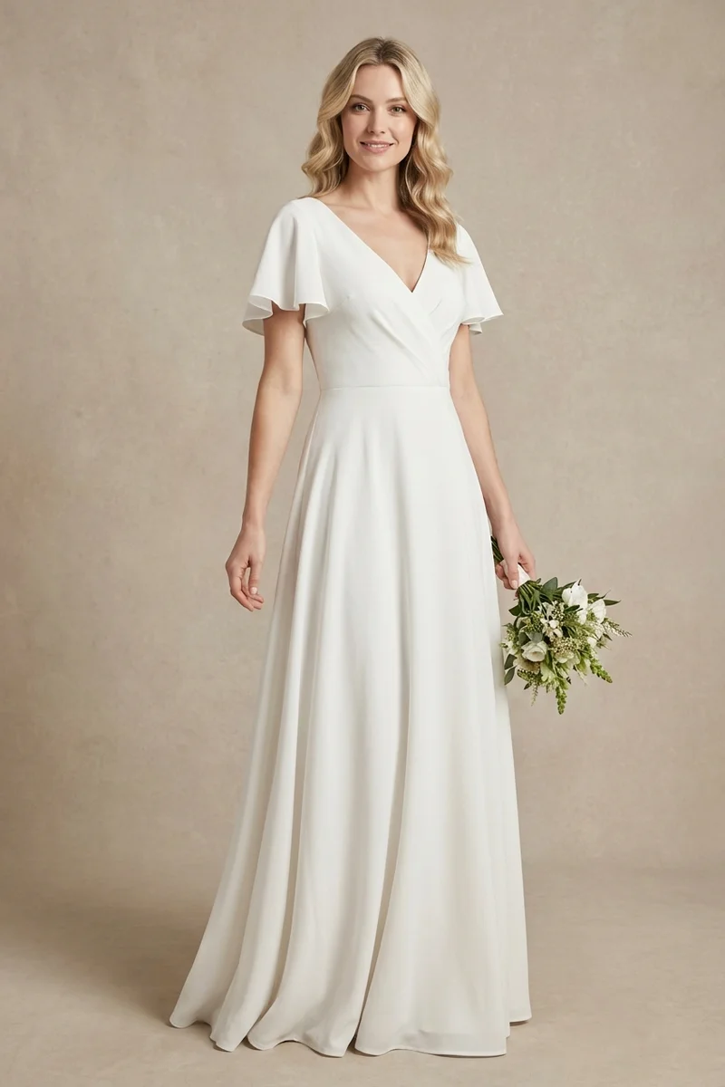 Flowy Crepe Wrap Casual Wedding Dress - 1