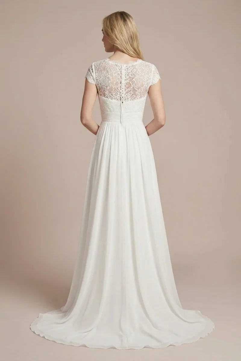 Robe de Mariée Élégante en Mousseline Taille Empire avec Bustier en Dentelle - 2