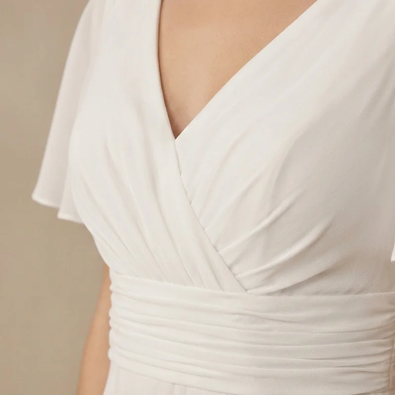 Robe de Mariée en Mousseline à Manches Volantées avec Bustier Drapé - 3