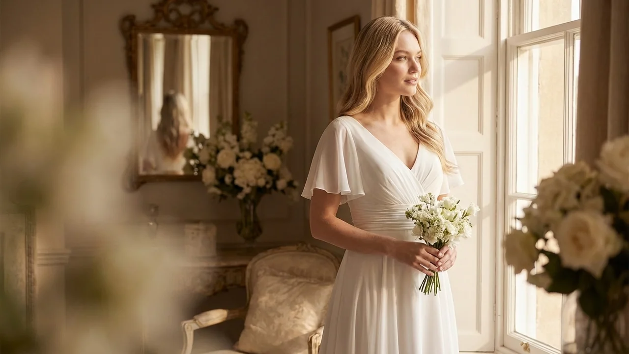 Robe de Mariée en Mousseline à Manches Volantées avec Bustier Drapé - 5