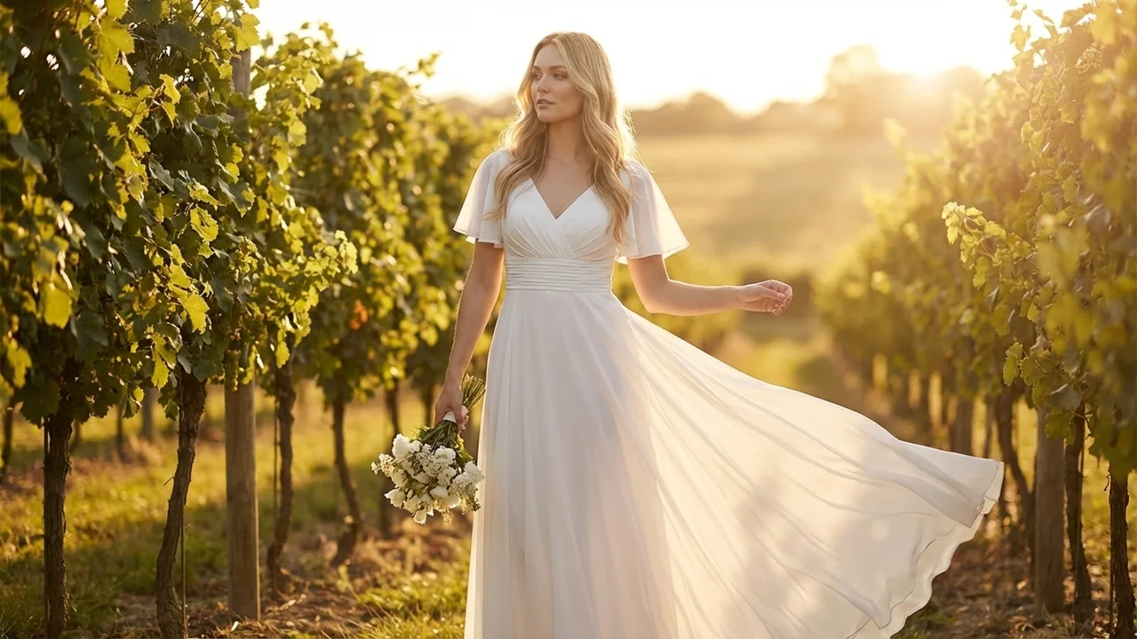 Robe de Mariée en Mousseline à Manches Volantées avec Bustier Drapé - 6