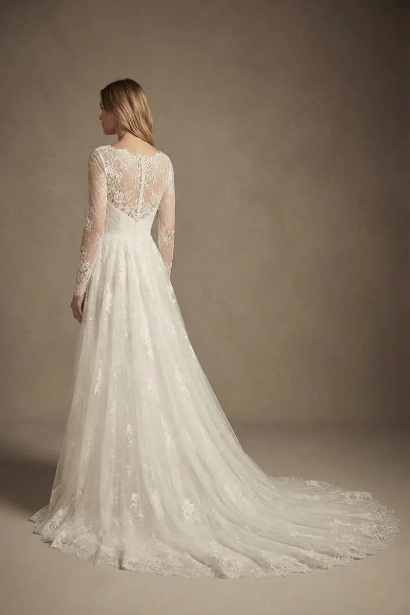 Cathedral Train Lace Wedding Dress with Long Sleeves - 2