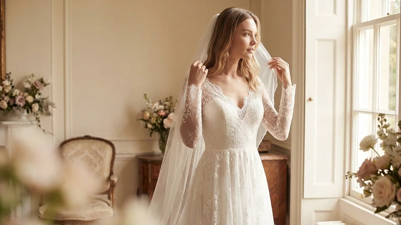 Cathedral Train Lace Wedding Dress with Long Sleeves - 5
