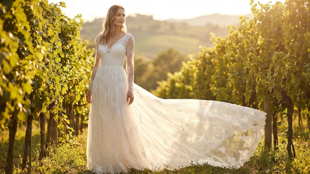 Cathedral Train Lace Wedding Dress with Long Sleeves - 6