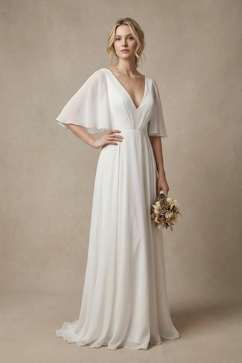 Chiffon-Kleid mit Cape-Ärmeln für Elopement - 1