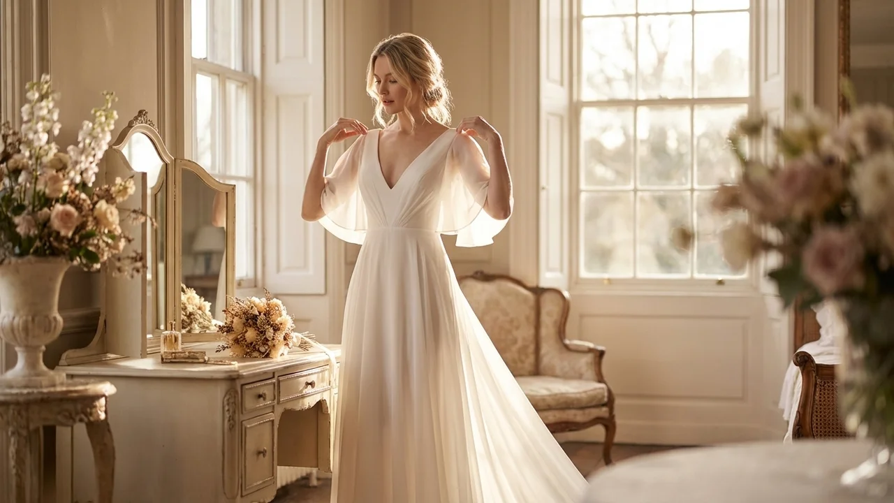 Chiffon Cape Sleeve Elopement Dress - 5