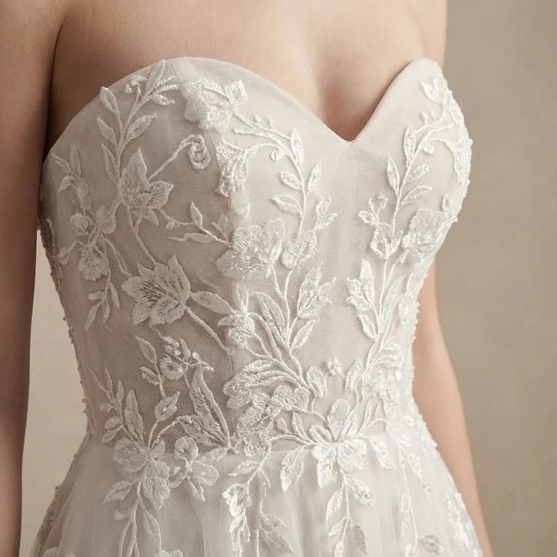 Embroidered Floral Tulle Wedding Gown - 3