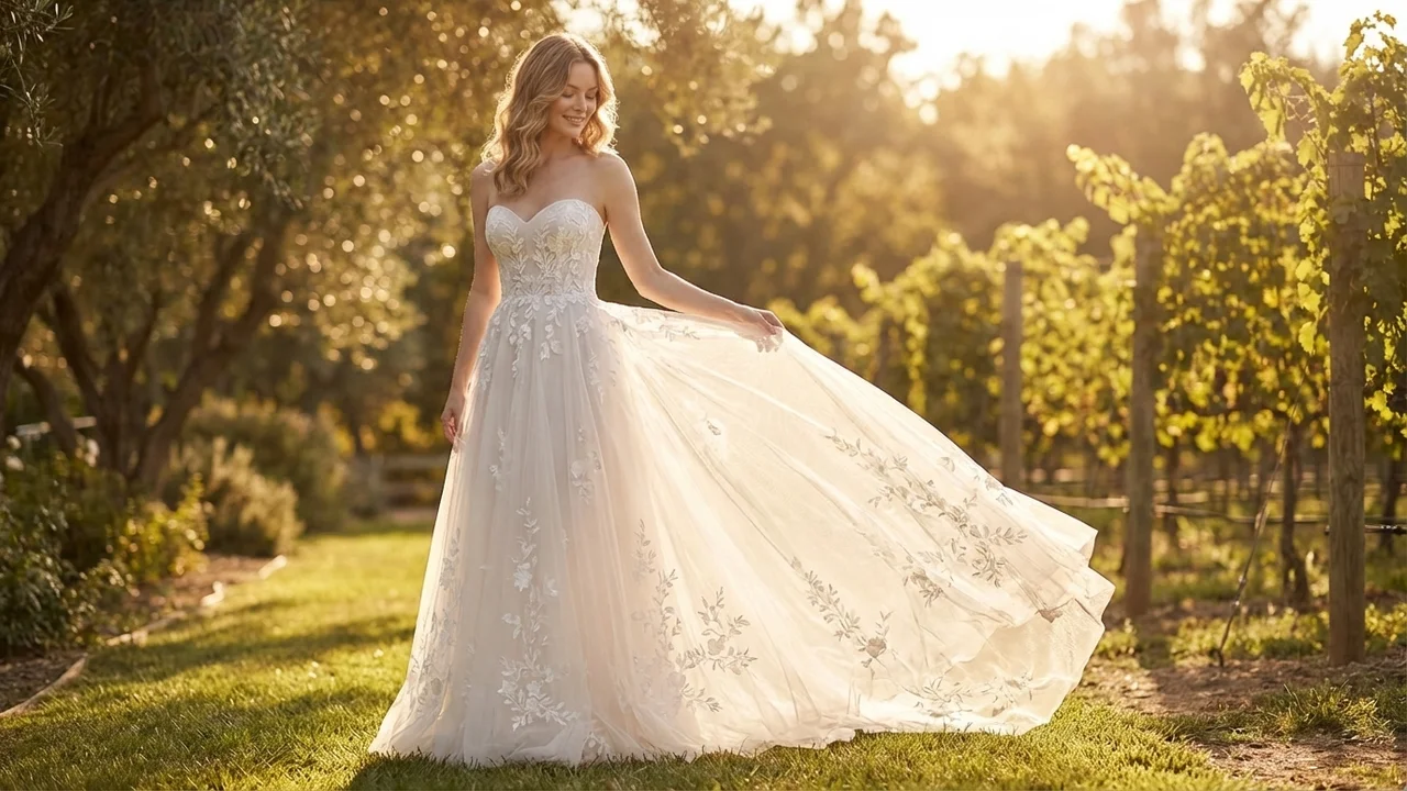 Embroidered Floral Tulle Wedding Gown - 6