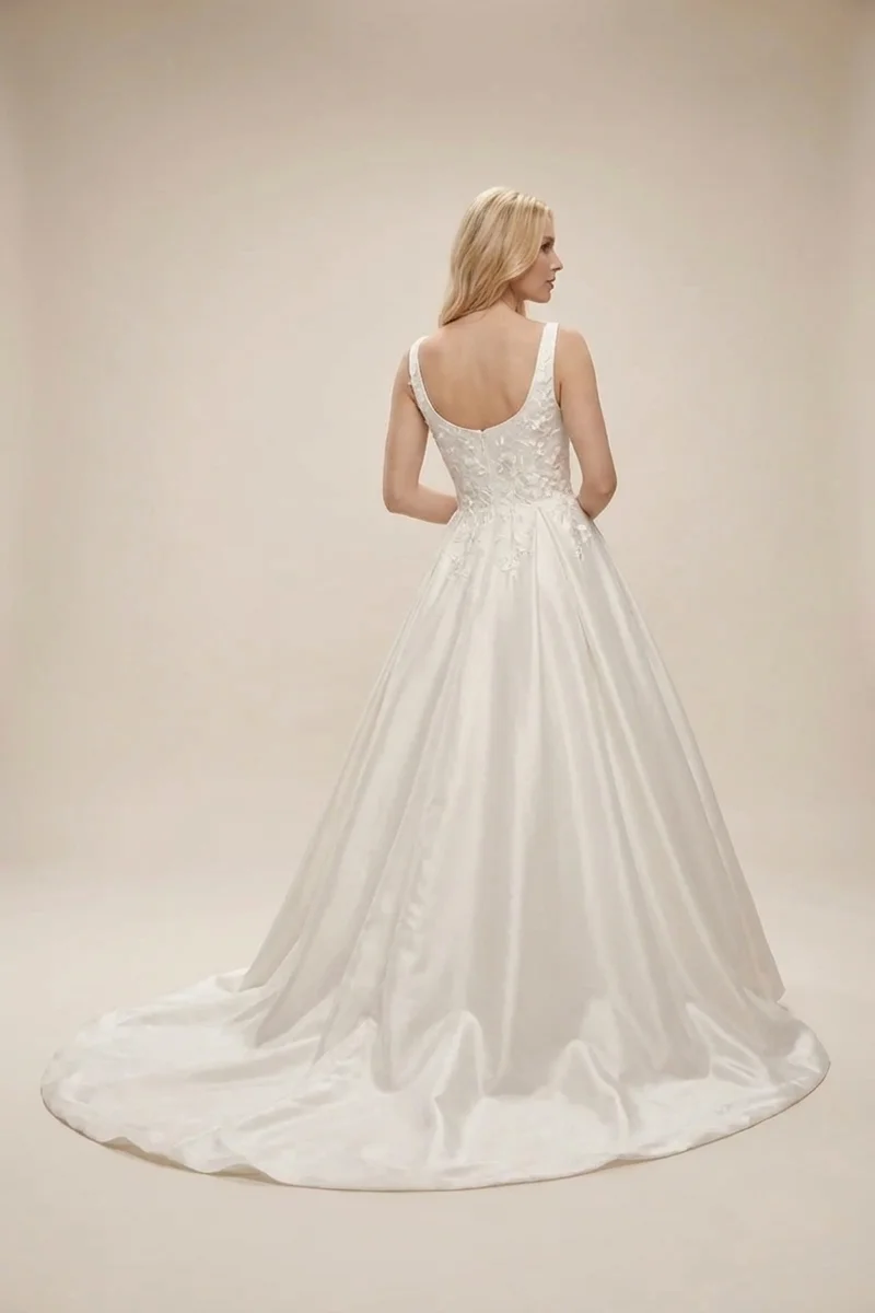 Embroidered Satin Ball Gown Wedding Dress - 2