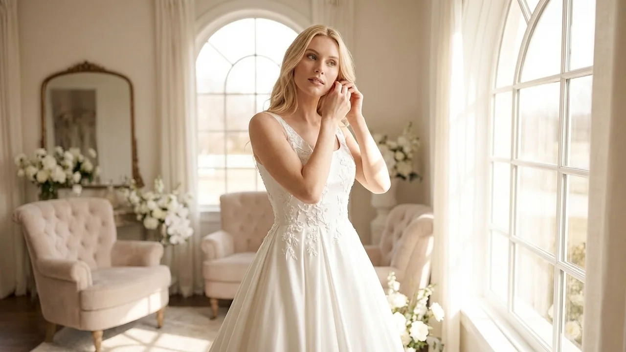 Embroidered Satin Ball Gown Wedding Dress - 5