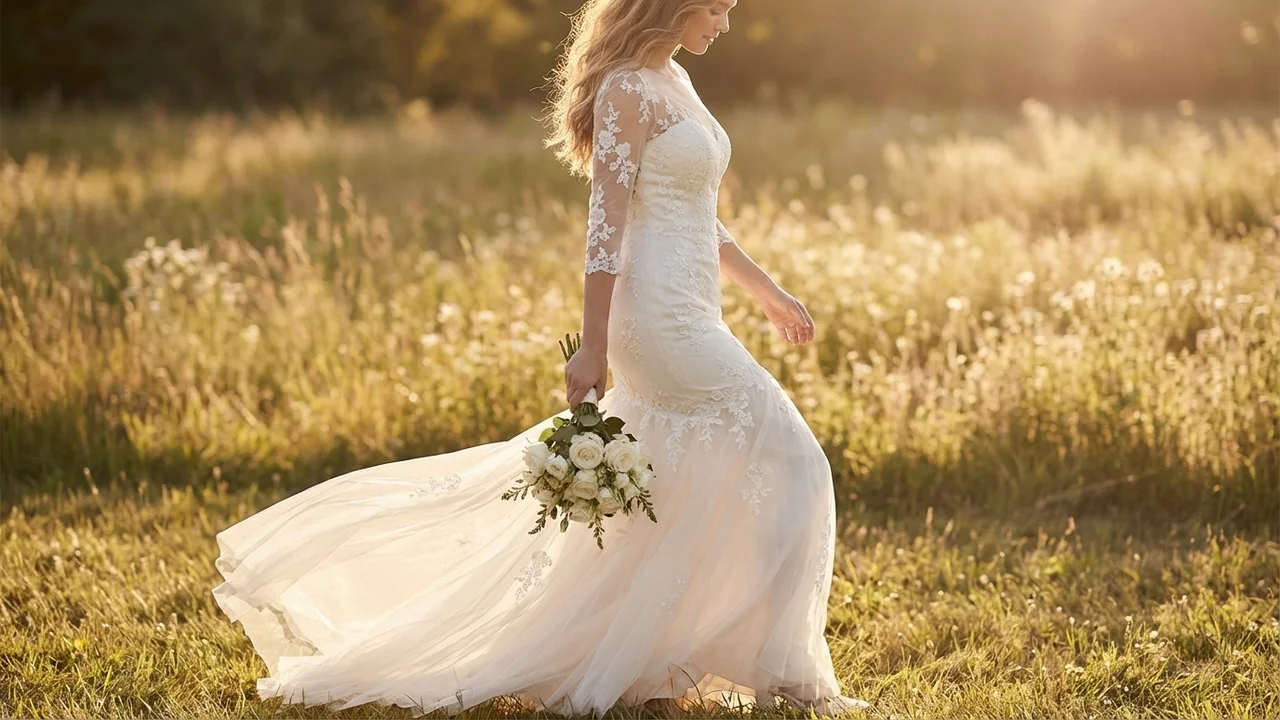 Romantisches Fit-and-Flare-Brautkleid mit Applikationen und Ärmeln - 6