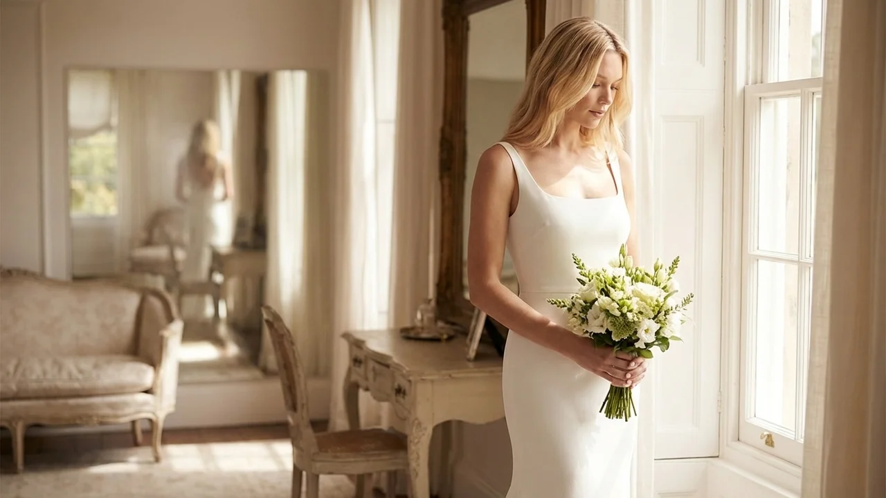 Modernes Fit-and-Flare-Brautkleid aus Crêpe mit Karree-Ausschnitt - 5