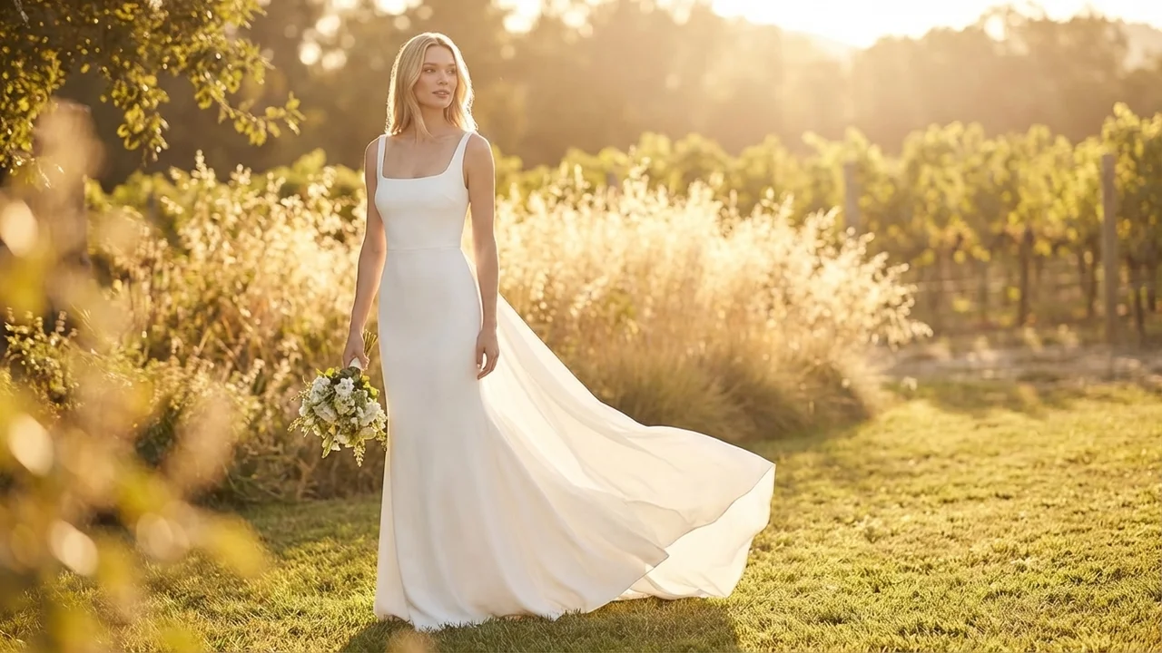 Modernes Fit-and-Flare-Brautkleid aus Crêpe mit Karree-Ausschnitt - 6