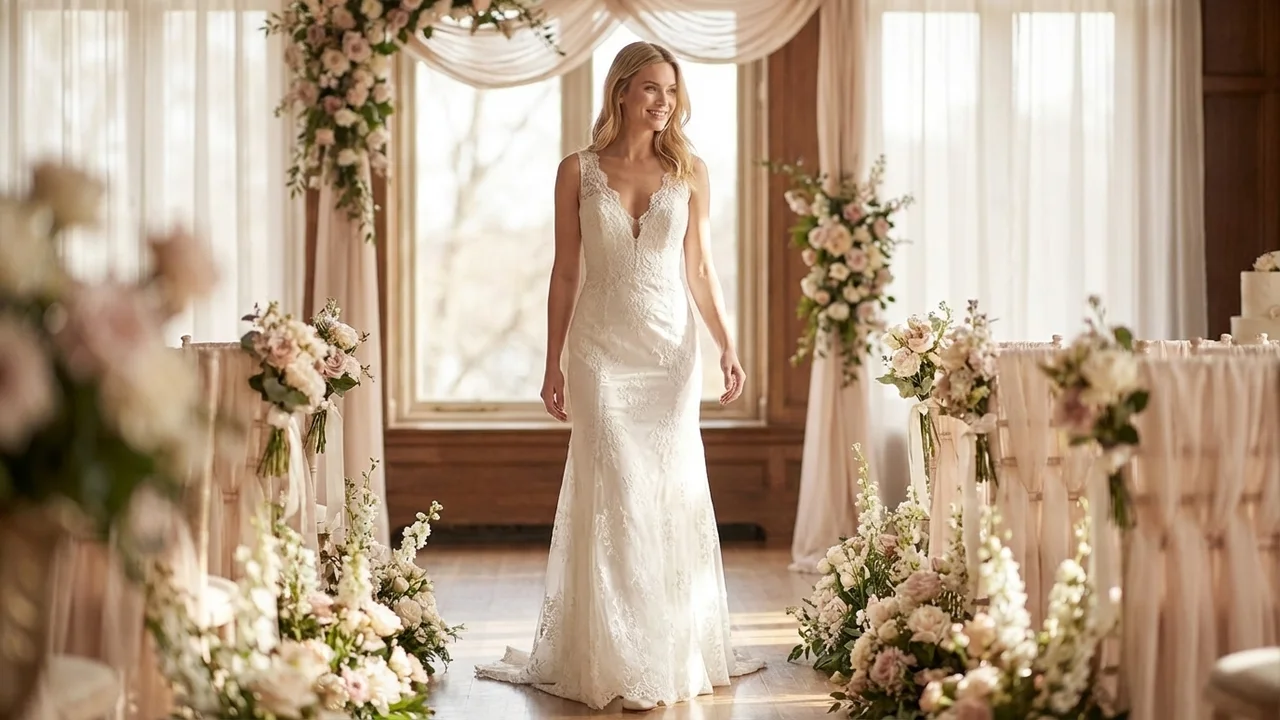 Robe de Mariée Ajustée Évasée en Dentelle avec Décolleté en V - 5