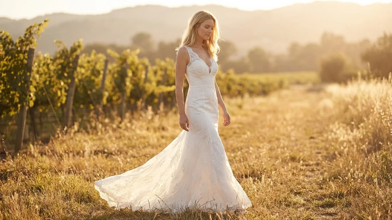 Robe de Mariée Ajustée Évasée en Dentelle avec Décolleté en V - 6