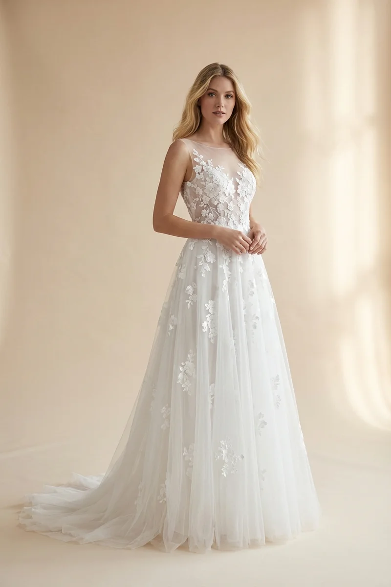 Robe de Mariée en Tulle à Appliqués Floraux - 1