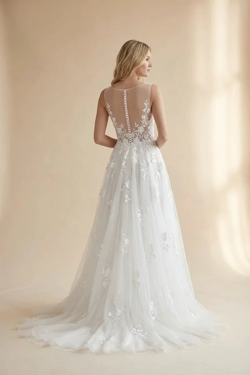 Floral Appliqué Tulle Wedding Gown - 2