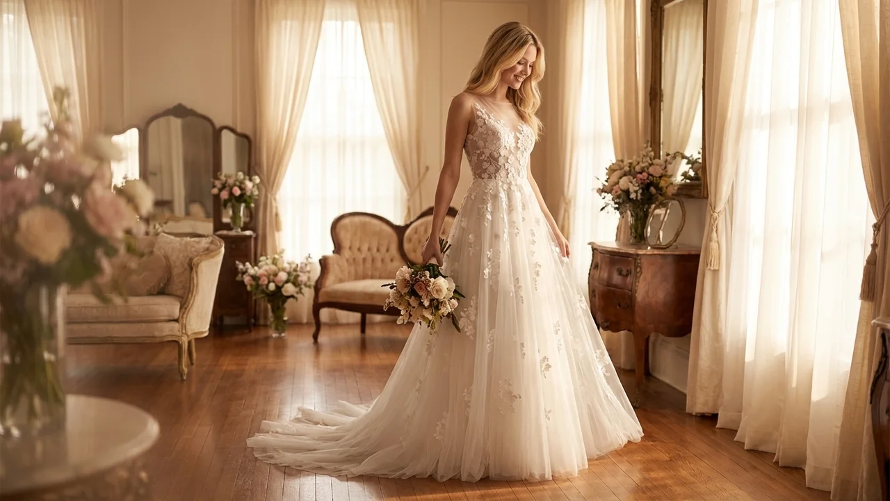 Floral Appliqué Tulle Wedding Gown - 5