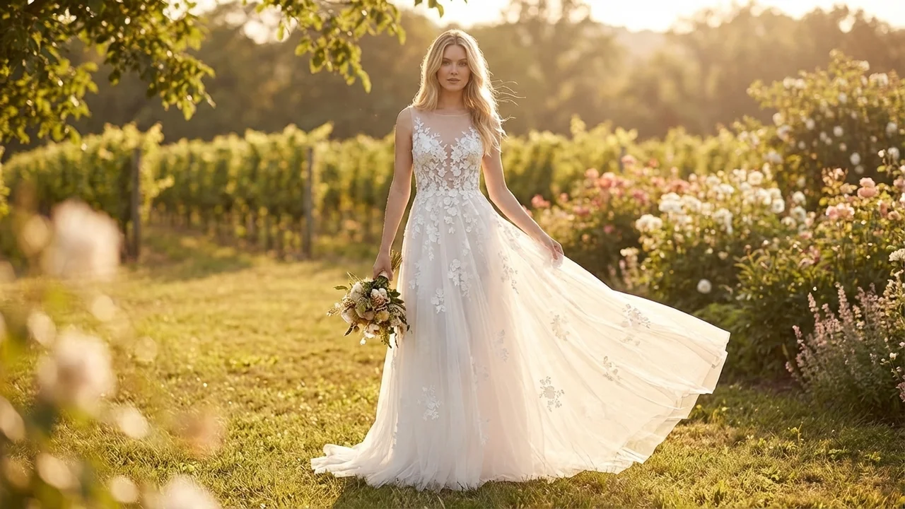 Floral Appliqué Tulle Wedding Gown - 6