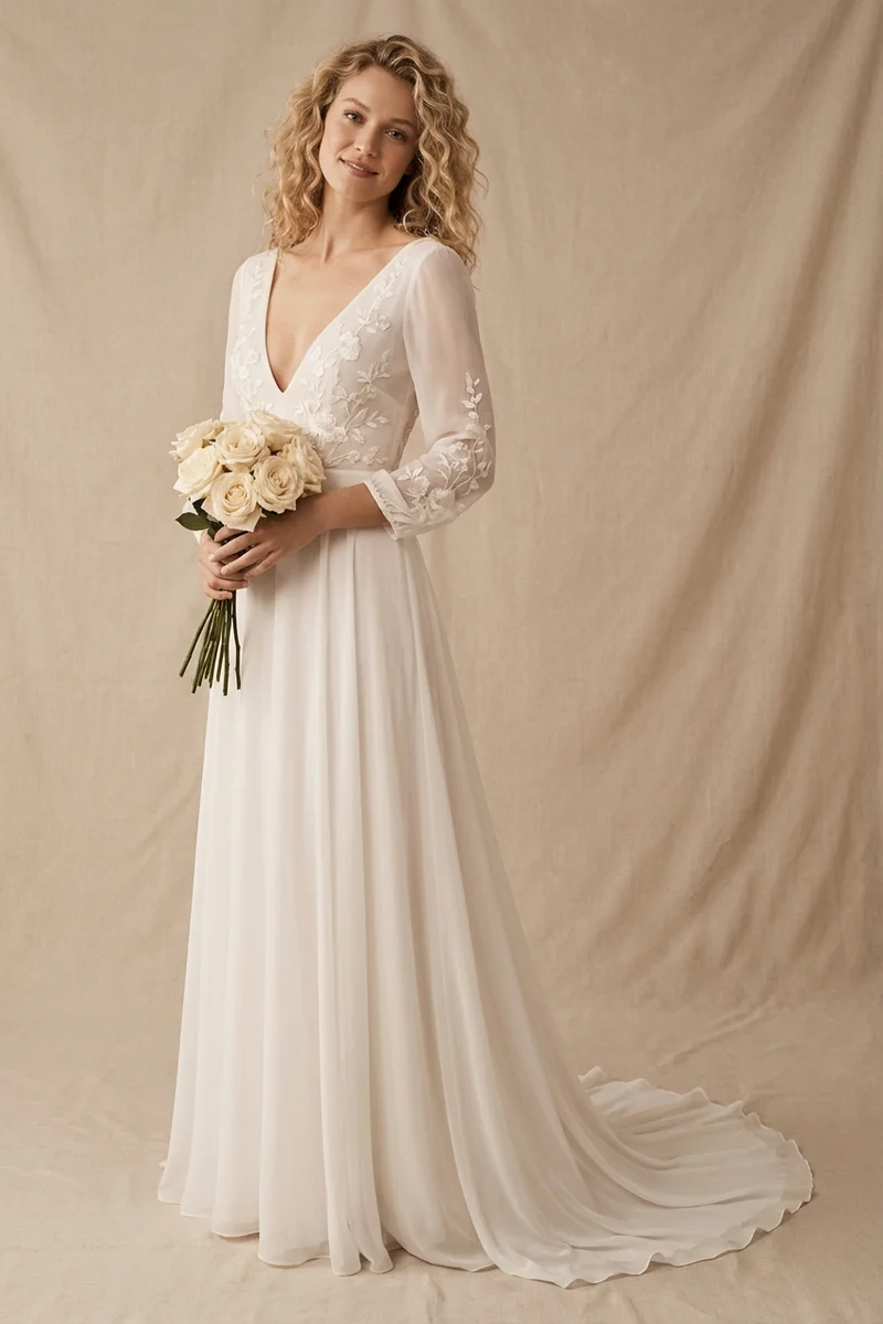 Floral Embroidered Boho Wedding Dress - 1