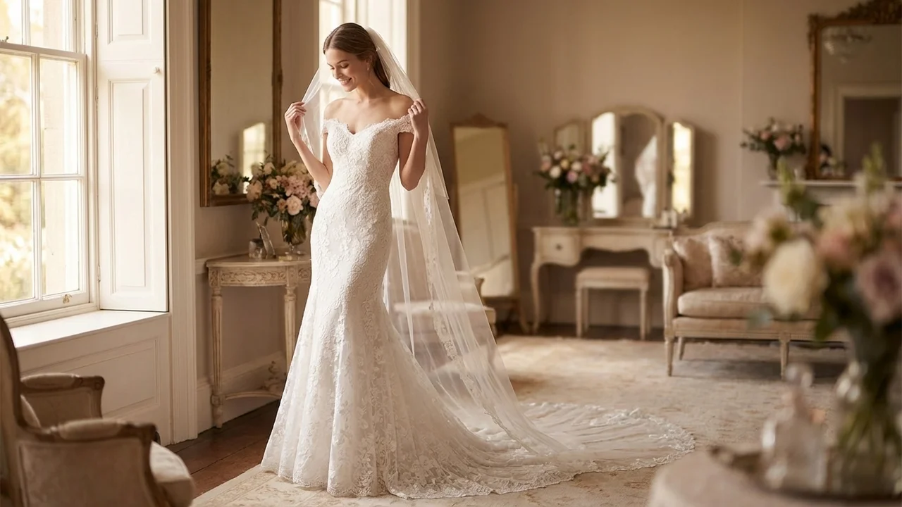 Floral Lace Fit and Flare Wedding Dress - 5