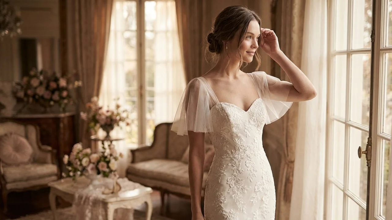 Flutter Sleeve Lace Fit and Flare Wedding Dress - 5