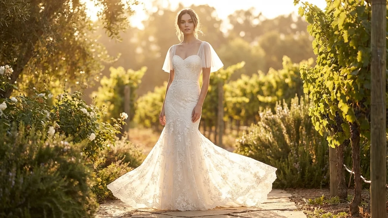 Flutter Sleeve Lace Fit and Flare Wedding Dress - 6