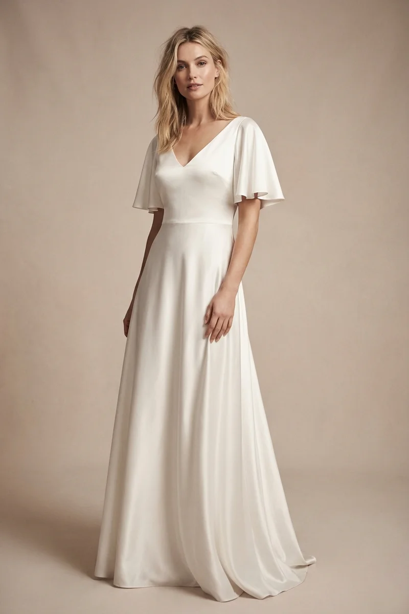 Robe de Mariée en Satin à Manches Volantées et Col V - 1