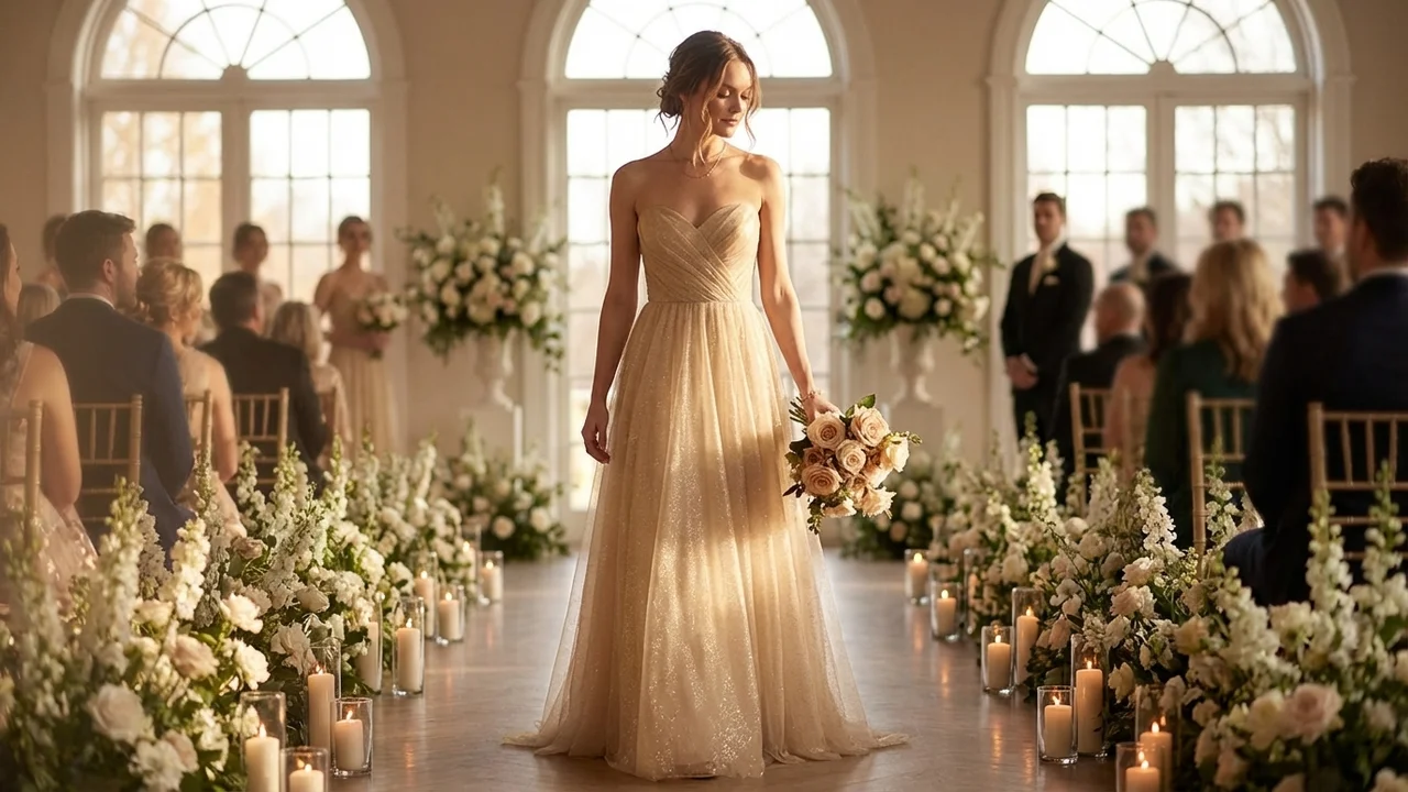 Aurelia Robe de Mariée A-Line Dorée Scintillante - 5