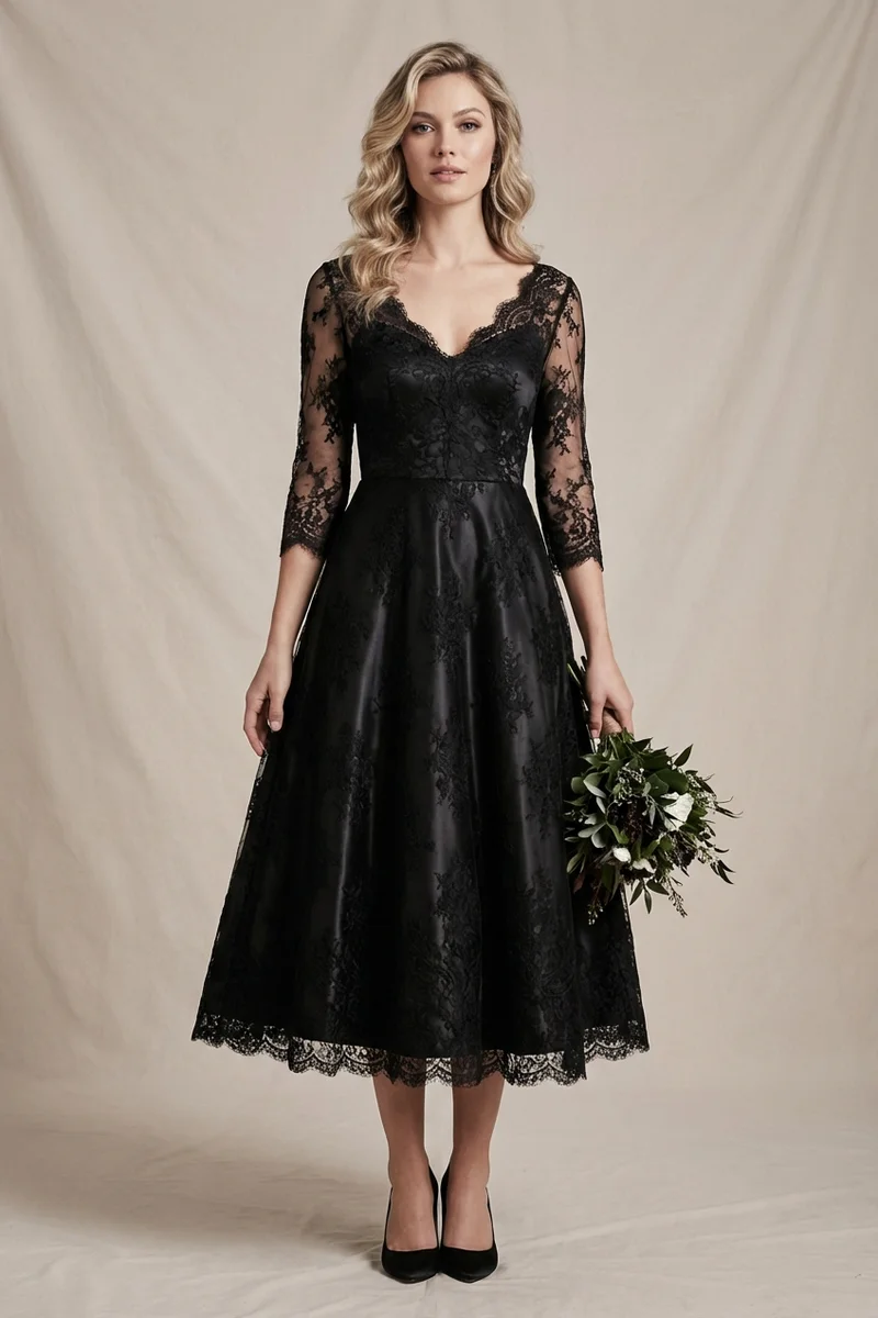 Indie Schwarzes Spitzen-Midi-Brautkleid - 1