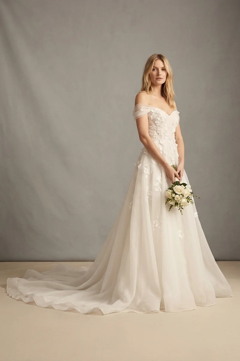 Ivy Organza Garden Wedding Dress with Floral Appliqué - 1