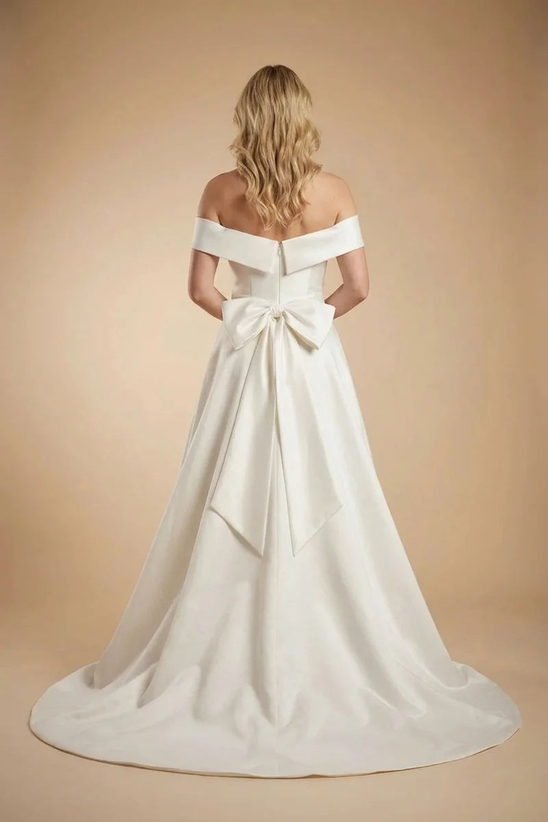 Off The Shoulder Satin A-Line Wedding Dress with Bow - 2