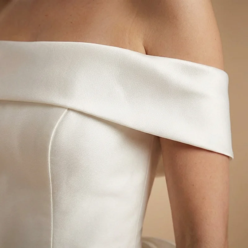 Off The Shoulder Satin A-Line Wedding Dress with Bow - 3