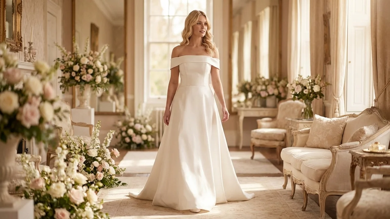 Off The Shoulder Satin A-Line Wedding Dress with Bow - 5