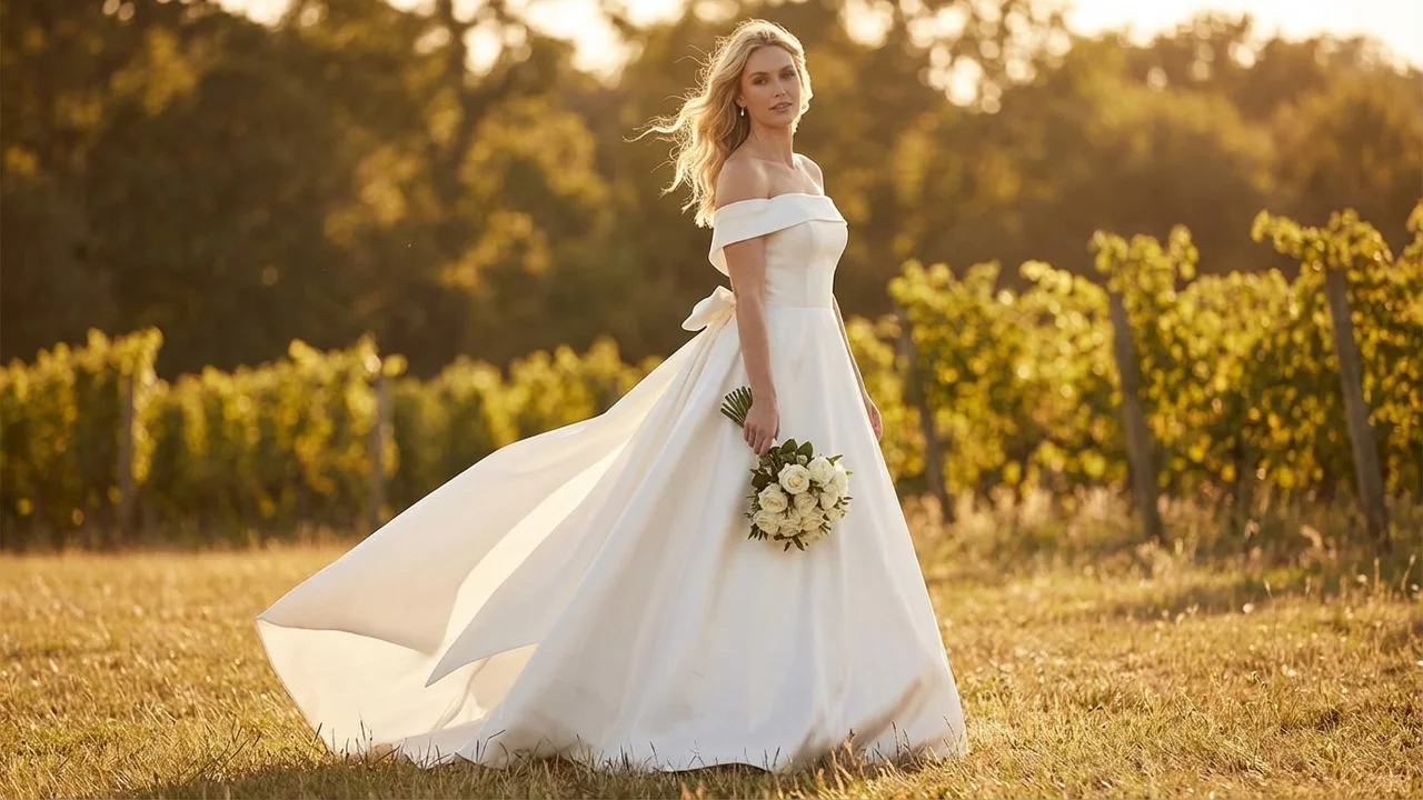 Off The Shoulder Satin A-Line Wedding Dress with Bow - 6