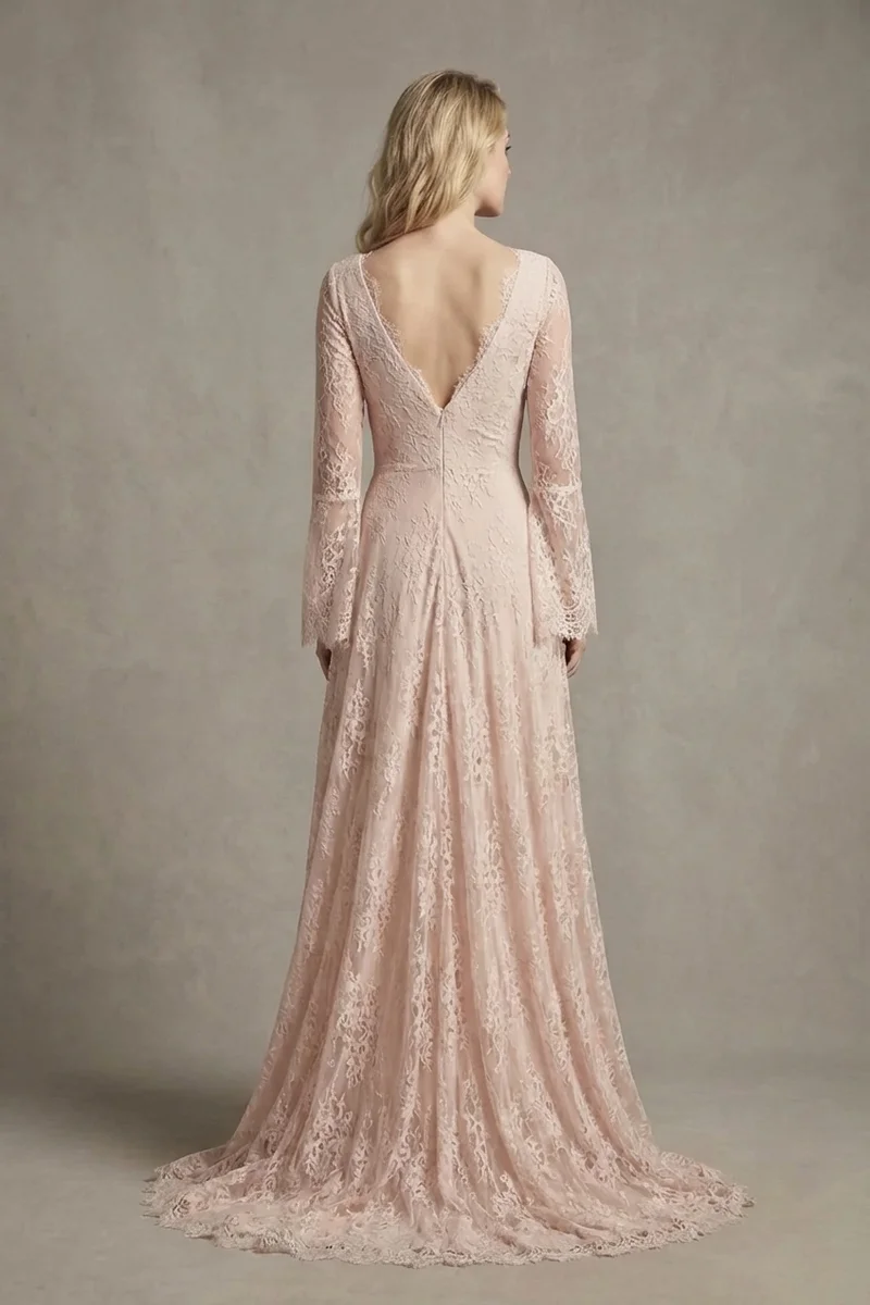Robe de Mariée Bohème en Dentelle Rose avec Manches Évasées - 2