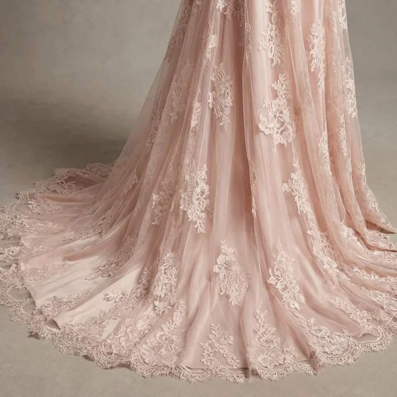 Robe de Mariée Bohème en Dentelle Rose avec Manches Évasées - 4
