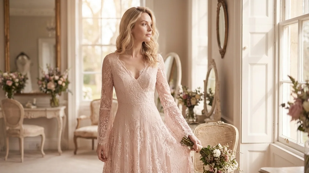 Robe de Mariée Bohème en Dentelle Rose avec Manches Évasées - 5
