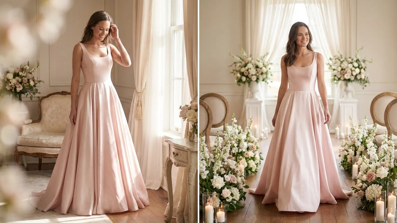 Pink Satin Fit and Flare Wedding Dress - 5