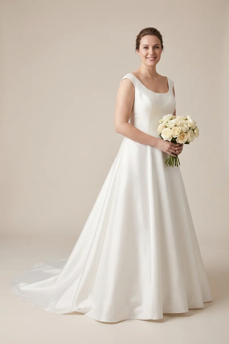 Elegant Satin Plus Size Wedding Dress with Cap Sleeves - 1